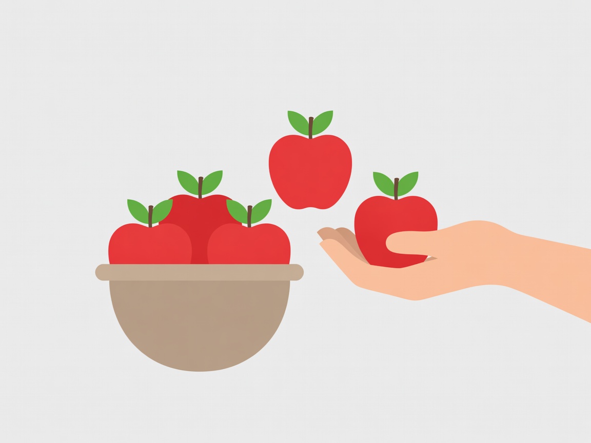 Five apples represented in a flat vector scene, with two moved from a basket to a hand