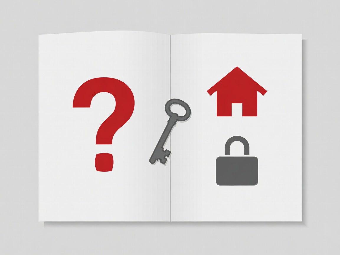 An open notebook with a question mark, a small key and two simple picture clues in crimson and slate