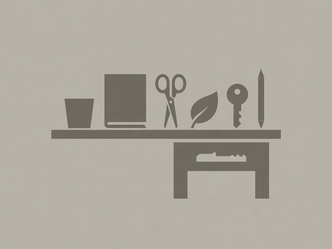 Flat vector reading desk with a cup, book, scissors, leaf, key and pencil arranged on a shelf