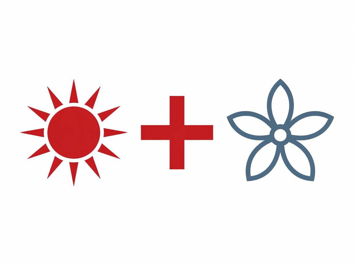 Crimson sun symbol followed by a plus sign and a slate flower symbol on white